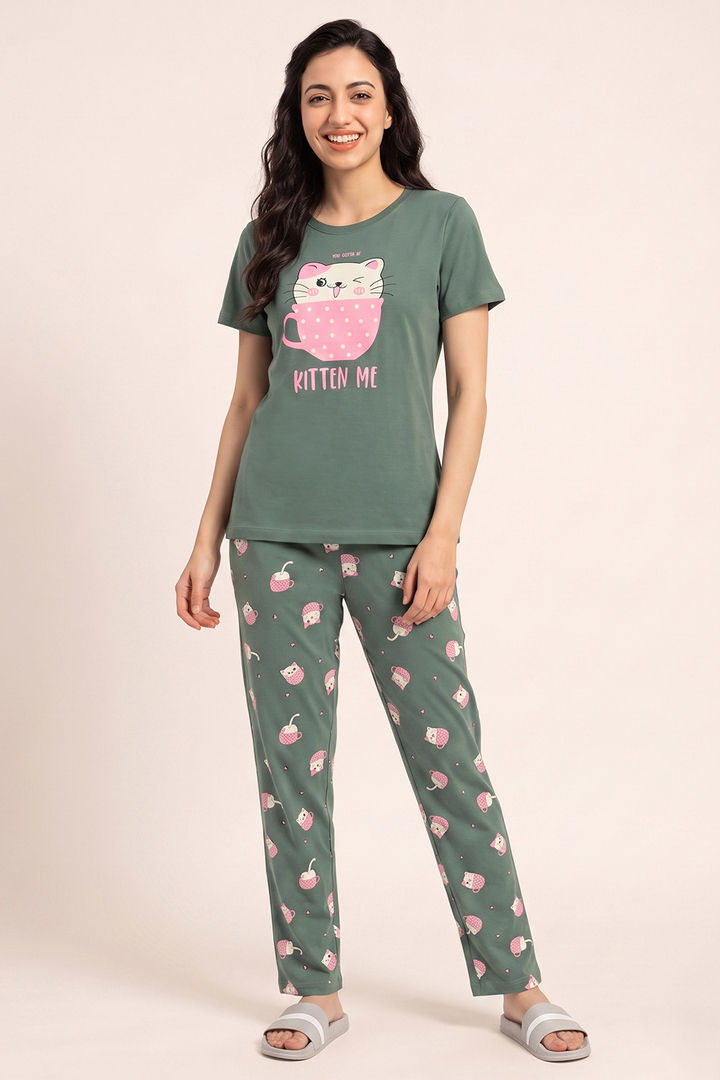 Zivame Farm Lore Knit Cotton Pyjama Set - Iceberg Green — image 2